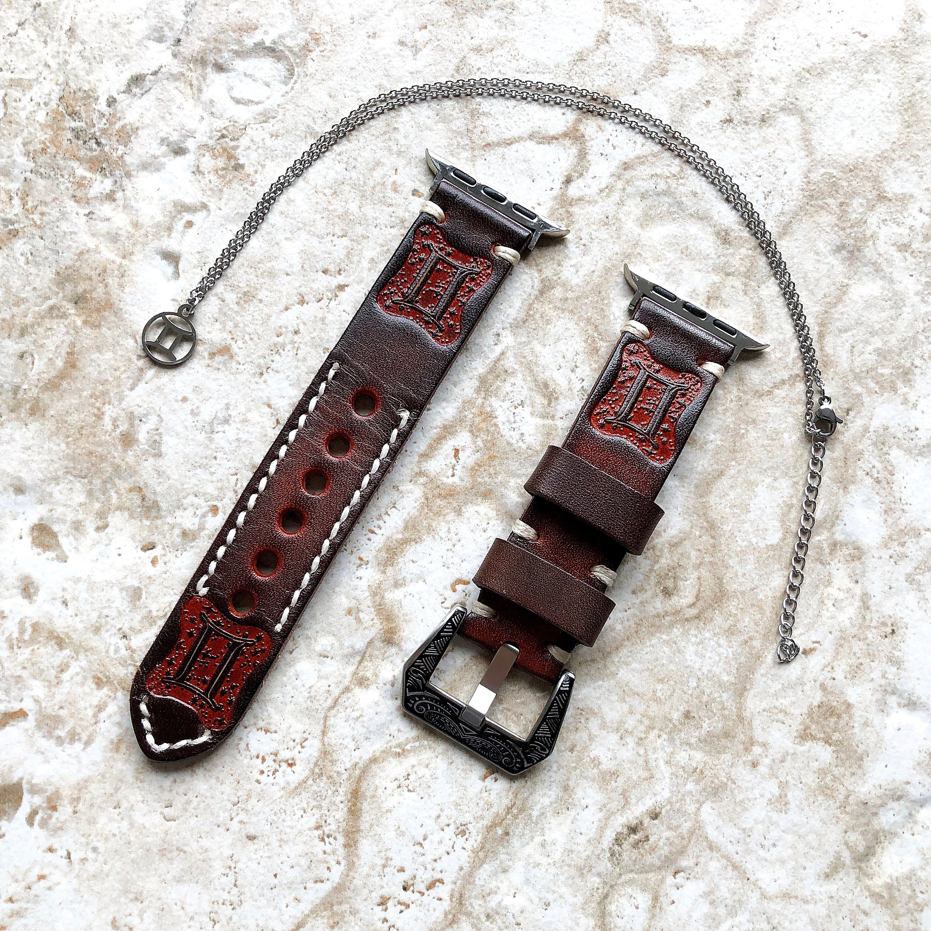 Apple Watch Gemini Zodiac Band Set for Ultra 2 9 8 7 SE 6 5 4 3 2 1 38mm 40mm 41 42 44mm 45mm 49mm Brown Leather Embossed Strap and Necklace